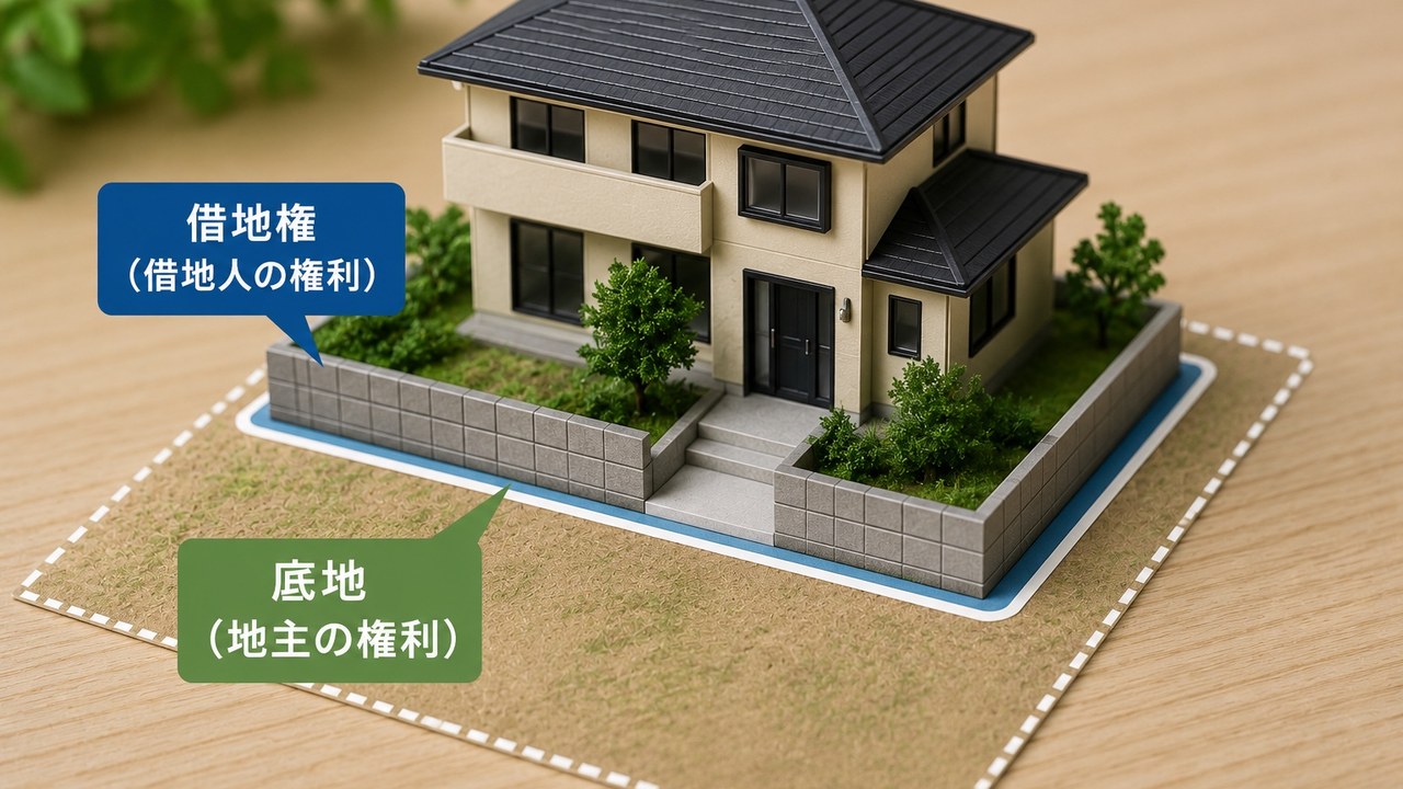 借地権と底地の権利関係を示す住宅模型