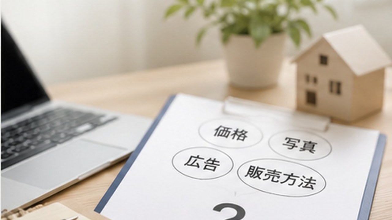 売却活動を見直すため、価格・写真・広告・販売方法を検討するイメージ